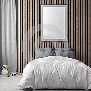Mock up poster frame in bedroom interior background in pink colors and wood wall planks, 3D illustration