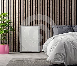 Mock up poster frame in bedroom interior background with wood wall planks, 3D illustration