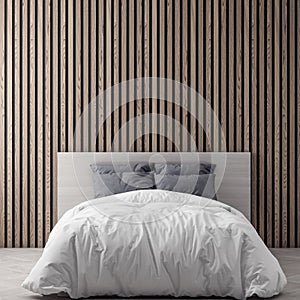 Mock up poster frame in bedroom interior background with wood wall planks, 3D illustration