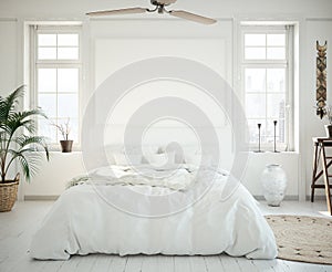 Mock-up poster frame in bedroom, Scandinavian style photo