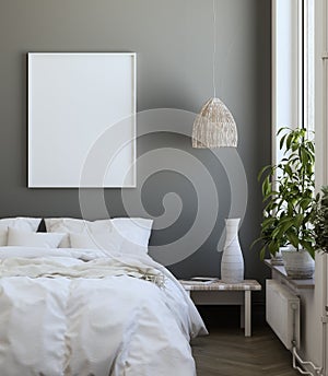 Mock-up poster frame in bedroom, Scandinavian style photo