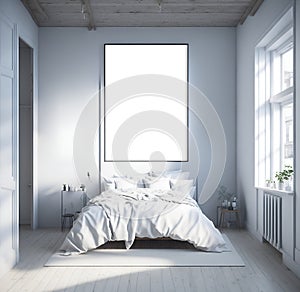 Mock-up poster frame in bedroom, Scandinavian style, Interior Design