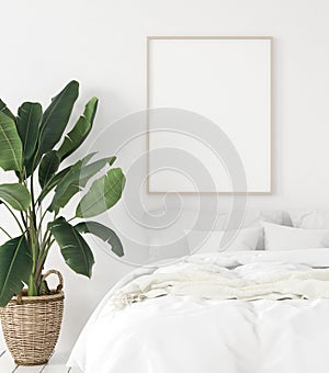 Mock-up poster frame in bedroom, Scandinavian style photo