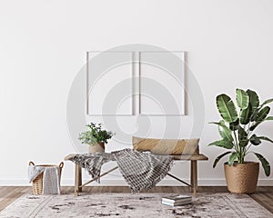 Mock up poster frame in boho interior background, wooden living room design