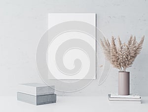 Mock up poster frame in bright close up interior, trendy home accessories