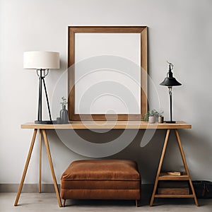 Mock up poster frame in bright modern hipster interior background, 3d render.