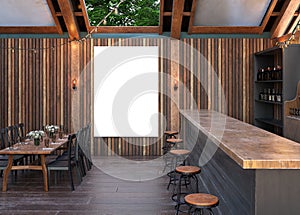 Mock up poster frame in cafe interior background, Modern outdoor bar restaurant