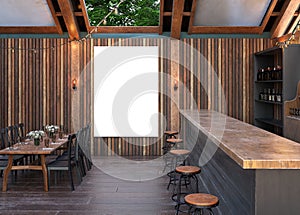 Mock up poster frame in cafe interior background, Modern outdoor bar restaurant photo