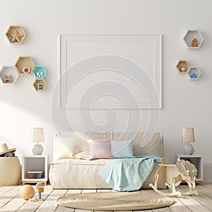 Mock up poster frame in children bedroom interior background, Scandinavian style