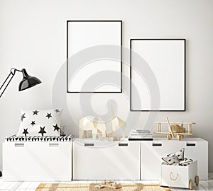 Mock up poster frame in children bedroom, Scandinavian style interior background, 3D render, 3D illustration