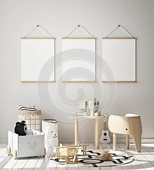 Mock up poster frame in children bedroom, Scandinavian style interior background, 3D render, 3D illustration