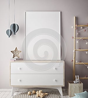 Mock up poster frame in children bedroom, scandinavian style interior background, 3D render