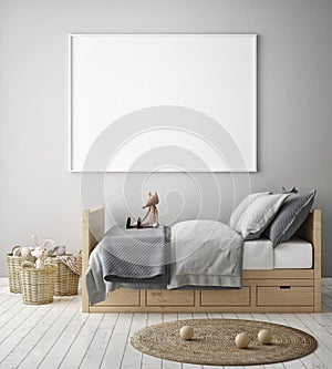 Mock up poster frame in children bedroom, scandinavian style interior background, 3D render