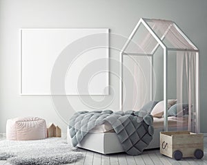 Mock up poster frame in children bedroom, scandinavian style interior background, 3D render