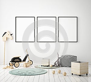 Mock up poster frame in children bedroom, scandinavian style interior background, 3D render