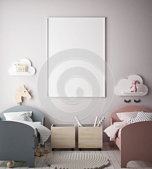 Mock up poster frame in children bedroom, scandinavian style interior background, 3D render