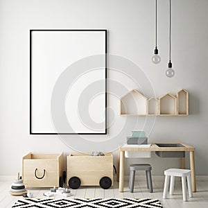 Mock up poster frame in children bedroom, scandinavian style interior background, 3D render