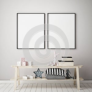 Mock up poster frame in children bedroom, scandinavian style interior background, 3D render