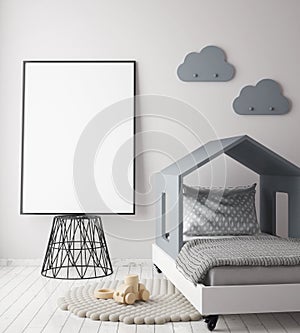 Mock up poster frame in children bedroom, scandinavian style interior background,