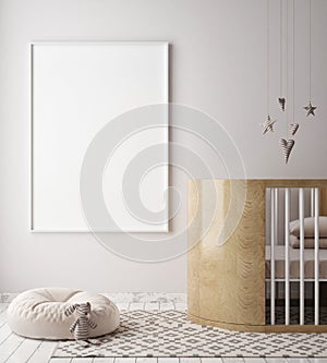 Mock up poster frame in children bedroom, scandinavian style interior background, 3D render