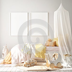 Mock up poster frame in children bedroom, Scandinavian style interior background, 3D render, 3D illustration