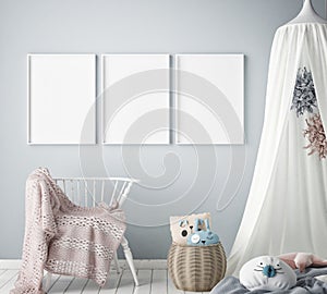 Mock up poster frame in children bedroom, scandinavian style interior background, 3D render
