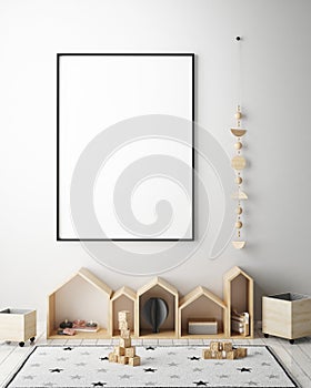 Mock up poster frame in children bedroom, scandinavian style interior background, 3D render