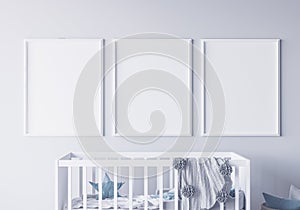 Mock up poster frame in children bedroom, Scandinavian style new born room interior background