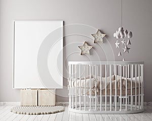 Mock up poster frame in children room with christamas decoration, scandinavian style interior background,