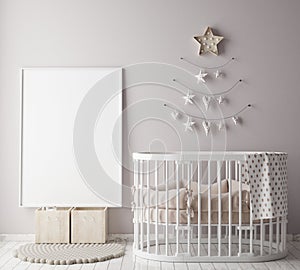 Mock up poster frame in children room with christamas decoration, scandinavian style interior background,