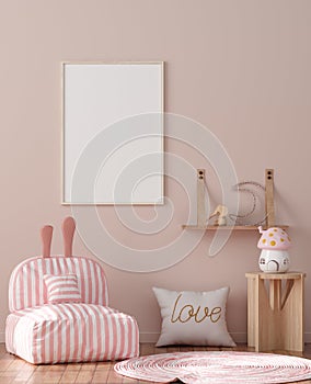 Mock up poster frame in children room interior background