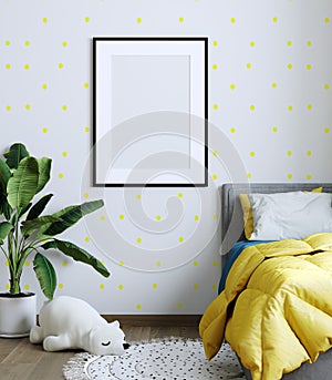 Mock up poster frame in children room, kids room, nursery mockup, yellow wall. 3d rendering