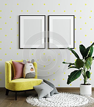 Mock up poster frame in children room, kids room with yellow chair, mockup