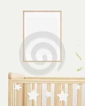 Mock up poster frame in children room, nursery room with wooden crib for kids with white ceramic stars, white wall
