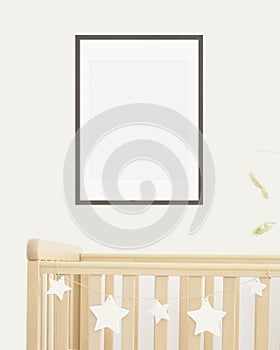 Mock up poster frame in children room, nursery room with wooden crib for kids with white ceramic stars, white wall