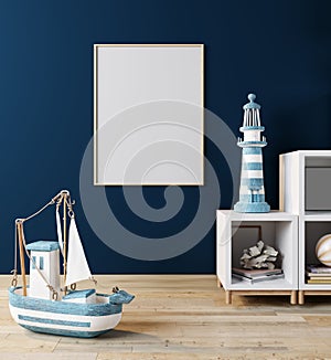 mock up poster frame in children room, Scandinavian style interior background, 3D rendering, 3D illustration