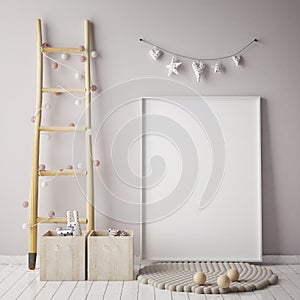 Mock up poster frame in children room, scandinavian style interior background,