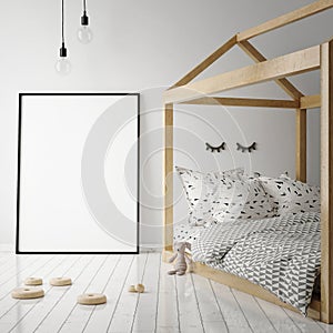 Mock up poster frame in children room, scandinavian style interior background,