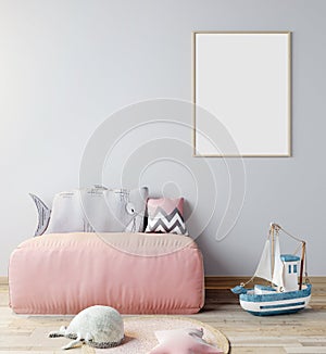 mock up poster frame in children room, Scandinavian style interior background with pink sofa, 3D rendering, 3D illustration