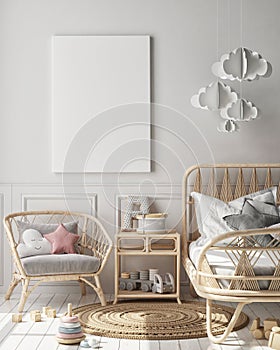 Mock up poster frame in children`s bedroom, Scandinavian style interior background, 3D render