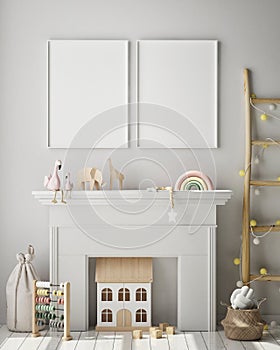 Mock up poster frame in children`s bedroom, Scandinavian style interior background, 3D render