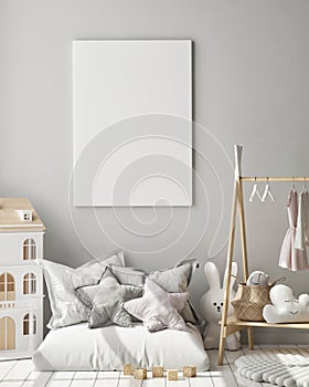 Mock up poster frame in children`s bedroom, Scandinavian style interior background, 3D render