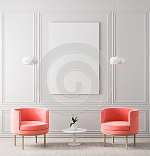 Mock up poster frame in classic style interior. Minimalist classic room with armchair. 3D illustration photo