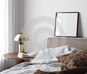 Mock-up poster frame close up in bedroom, Scandinavian style