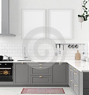 Mock up poster frame close-up in kitchen interior