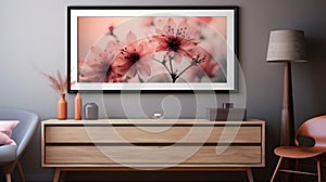 Mock up poster frame close up on shelf with decoration, 3d render