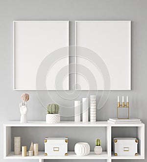 Mock up poster frame closeup in interior background, Scandinavian style