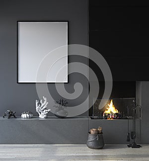 Mock up poster frame in dark interior background with fireplace