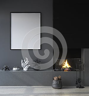 Mock up poster frame in dark interior background with fireplace photo
