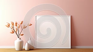 Mock up poster frame and decorative vases in interior with pink wall background. Peach Fuzz color